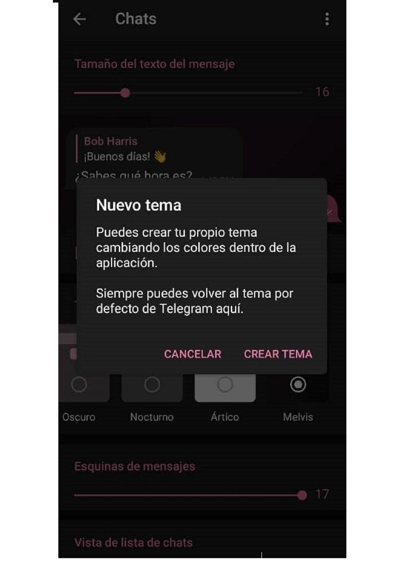 ¿Cómo cambiar el color de fondo en chats de Telegram? mensaje para crear un nuevo tema de telegrama